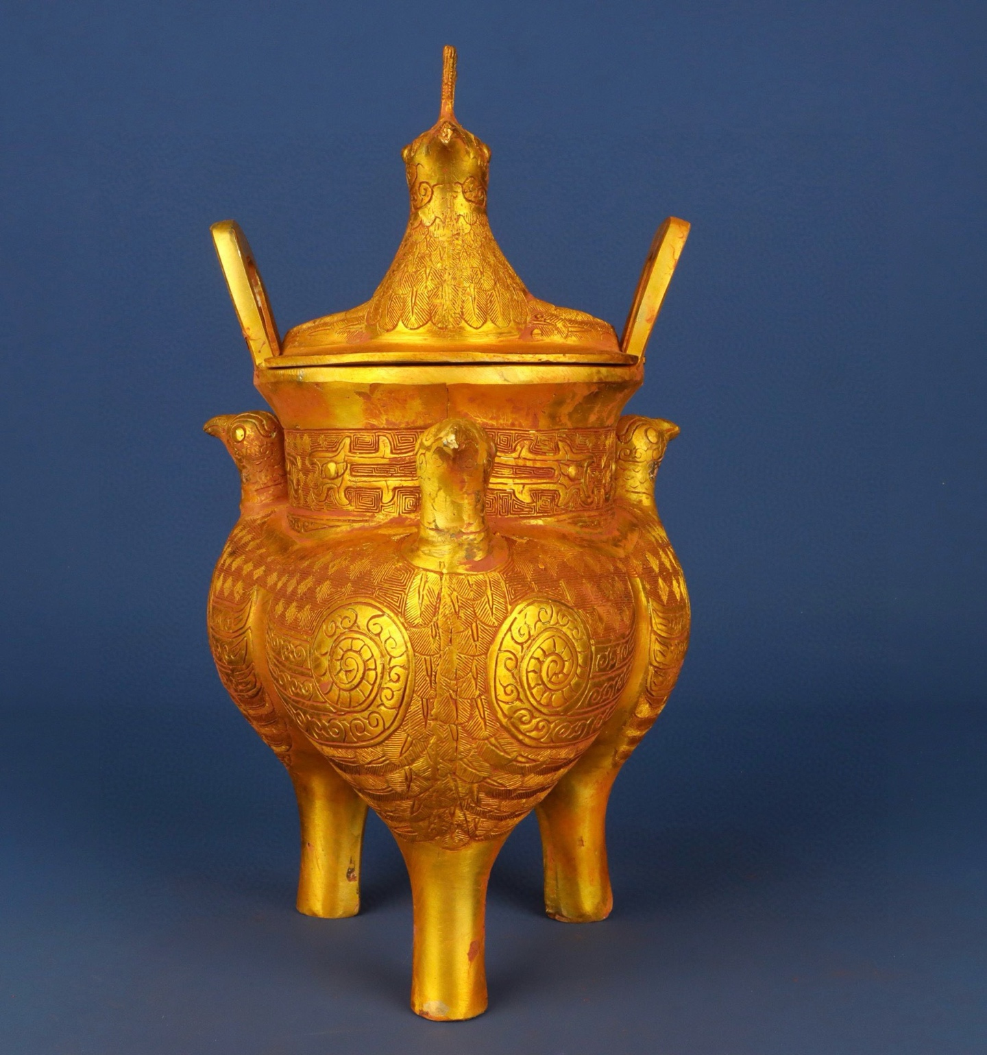Zhou Dynasty gilt bronze three bird tripod