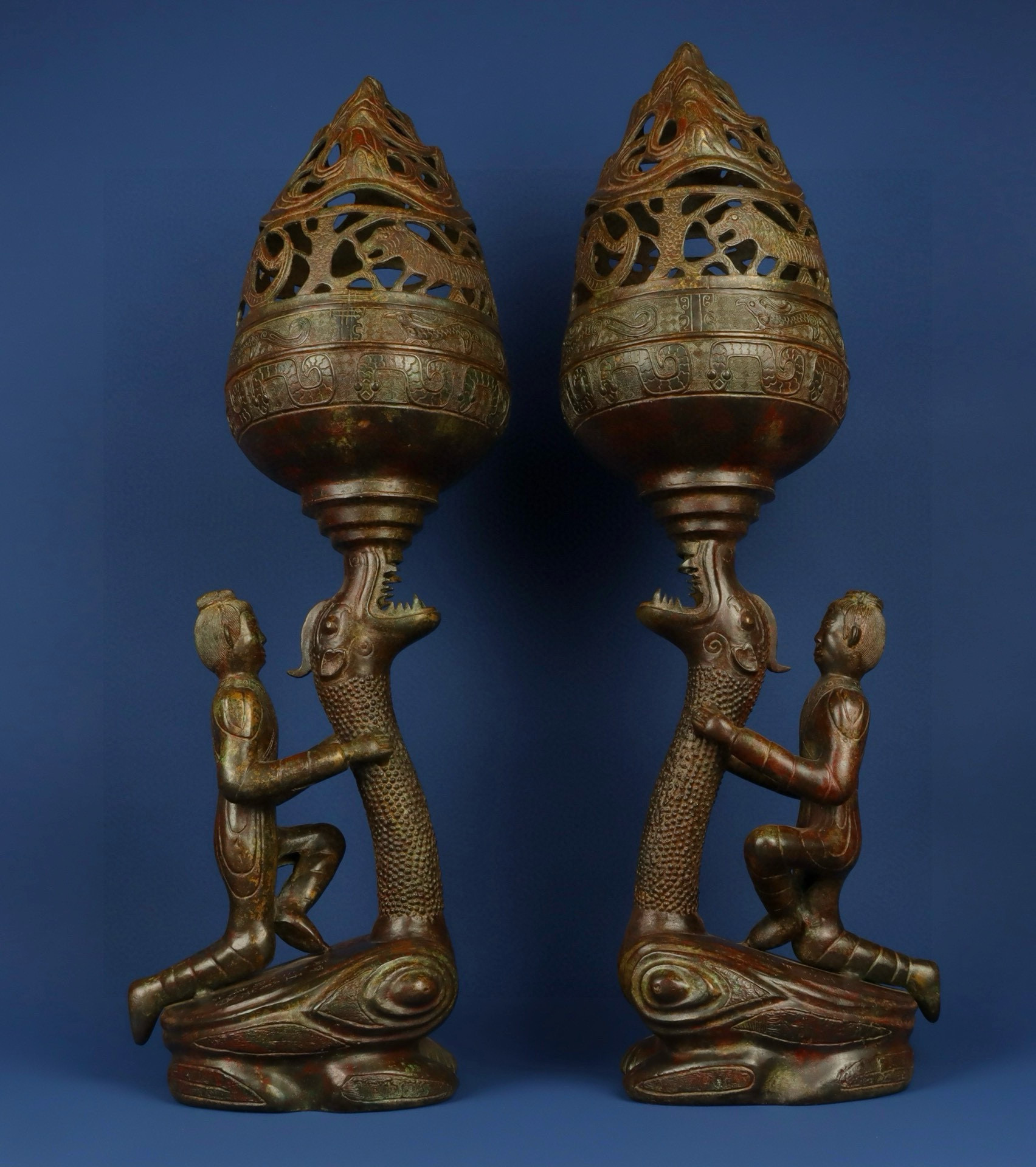 Han Dynasty Pair of Bronze Kneeling Boshan Stoves