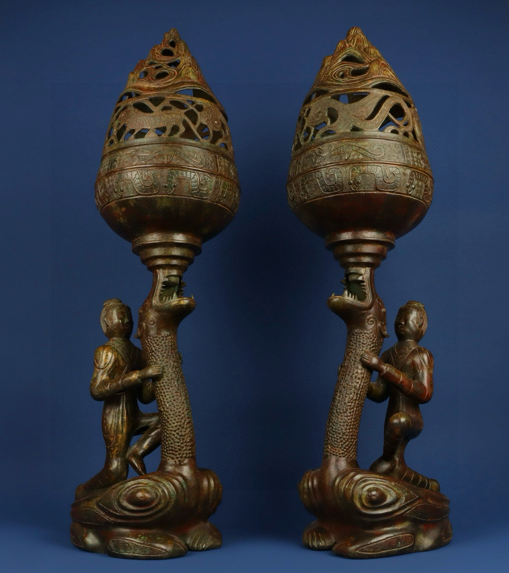 Han Dynasty Pair of Bronze Kneeling Boshan Stoves
