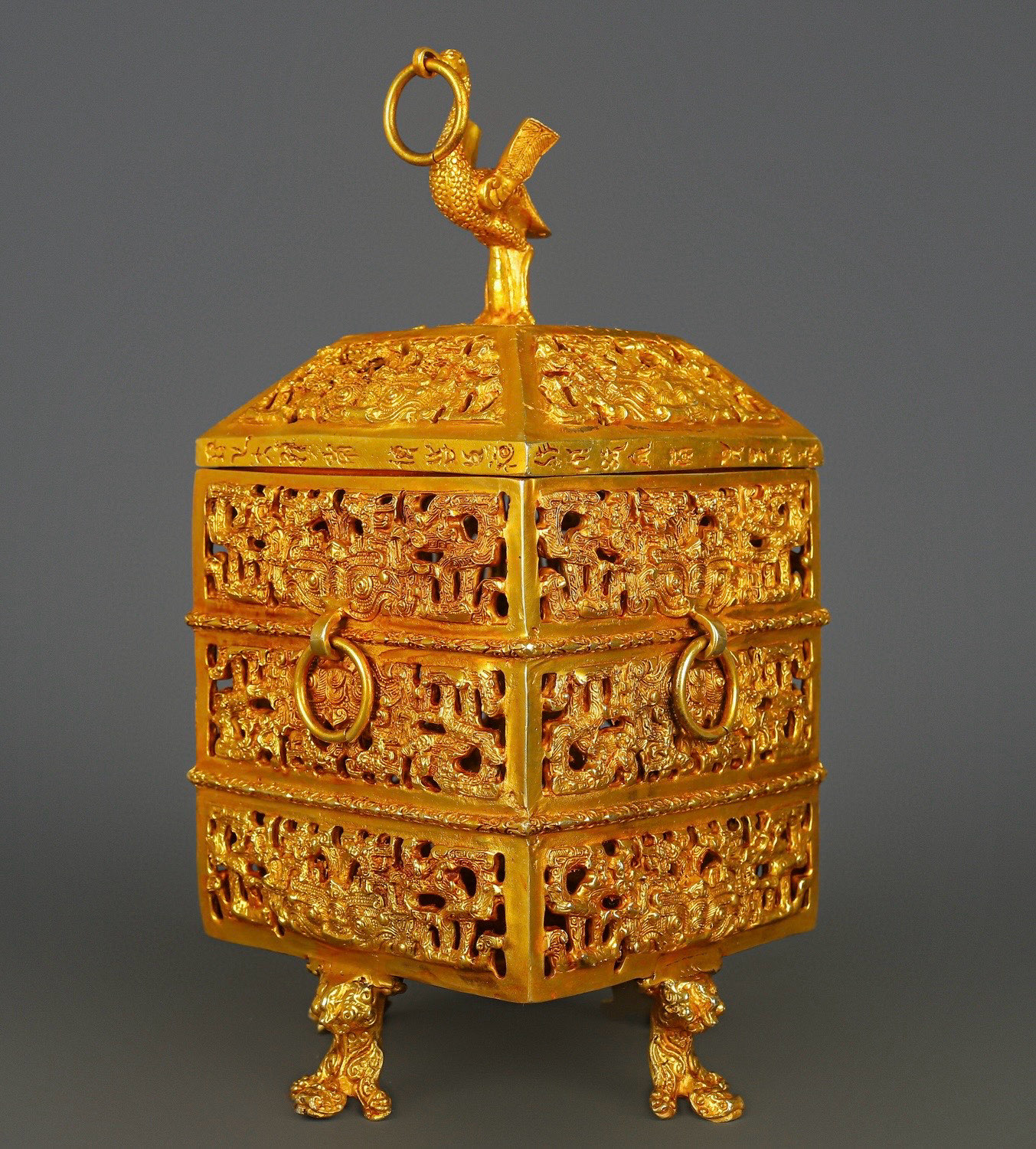 Han Dynasty Bronze and Real Gold Standing Bird Smoker