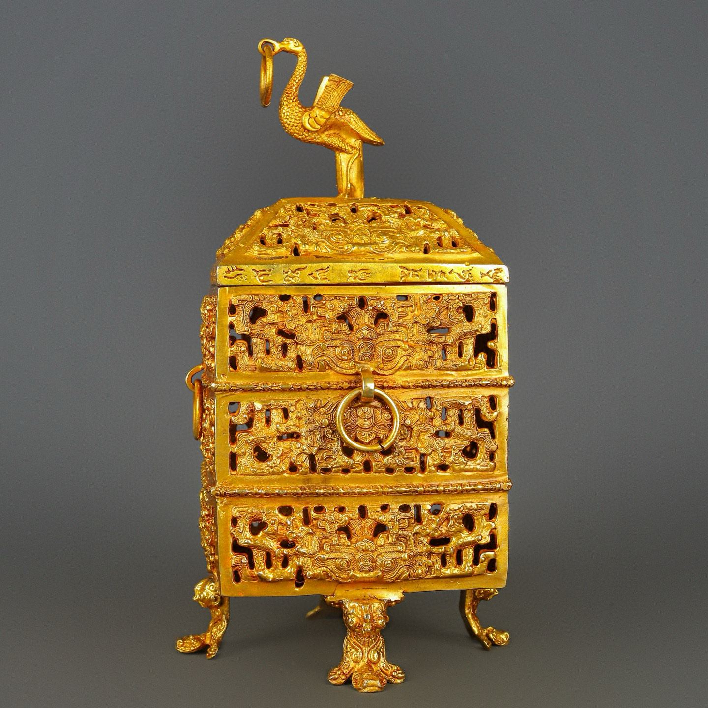Han Dynasty Bronze and Real Gold Standing Bird Smoker