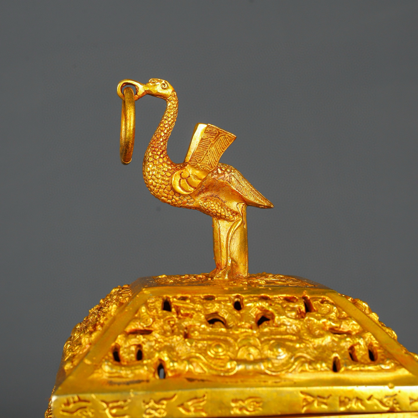 Han Dynasty Bronze and Real Gold Standing Bird Smoker
