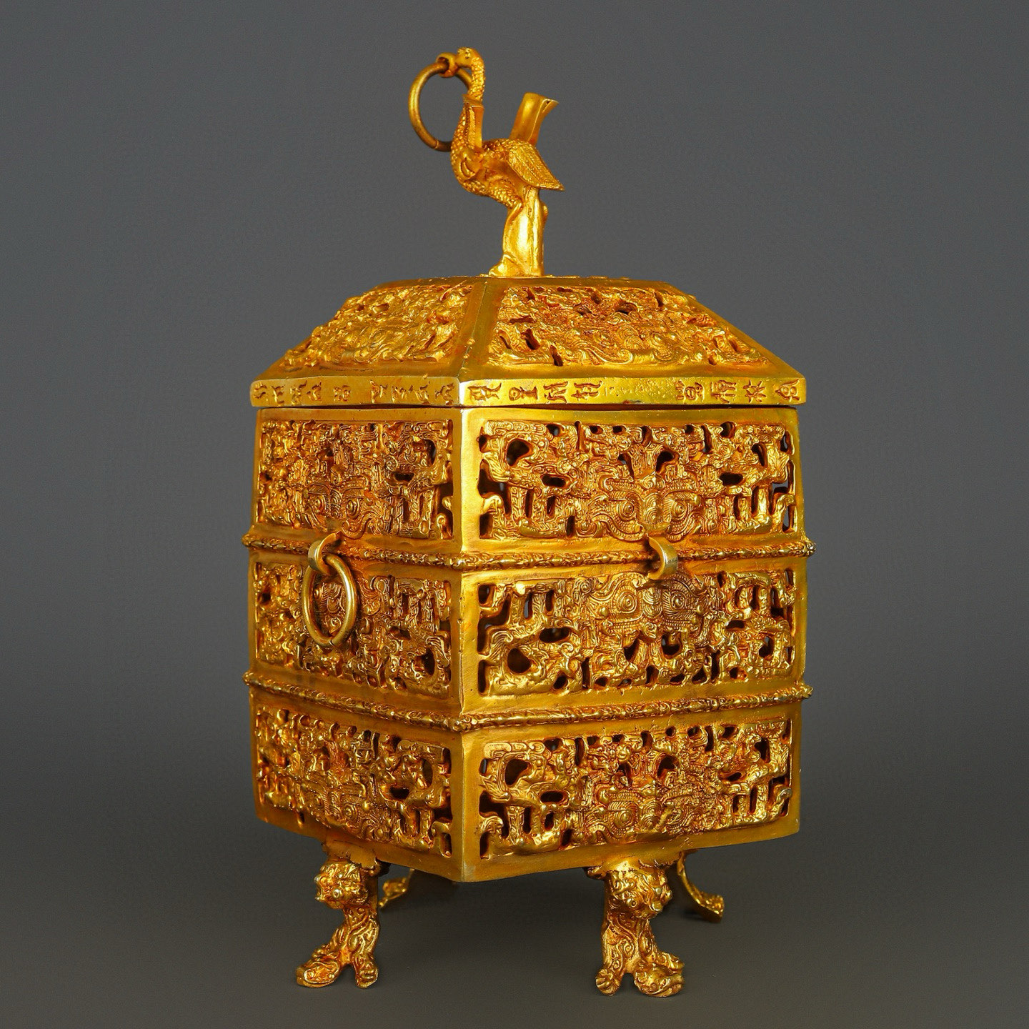 Han Dynasty Bronze and Real Gold Standing Bird Smoker
