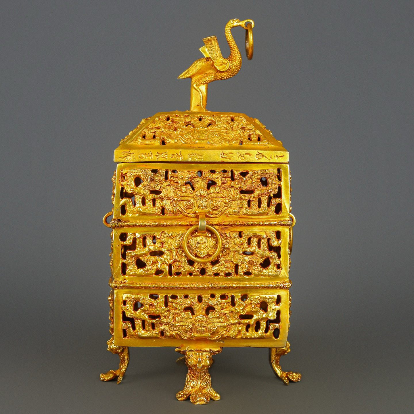Han Dynasty Bronze and Real Gold Standing Bird Smoker
