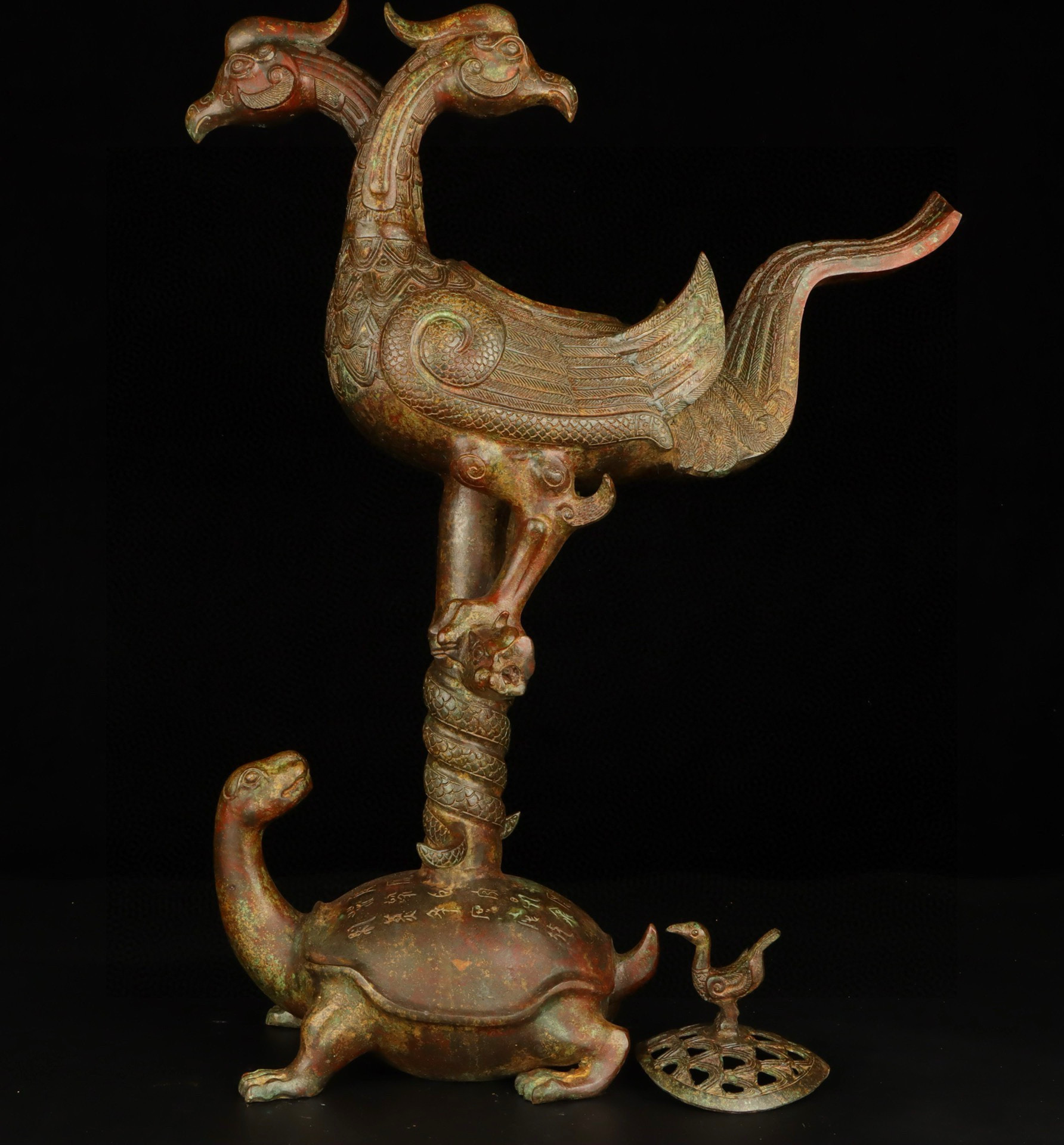 Han Dynasty Bronze double phoenix and turtle smoke