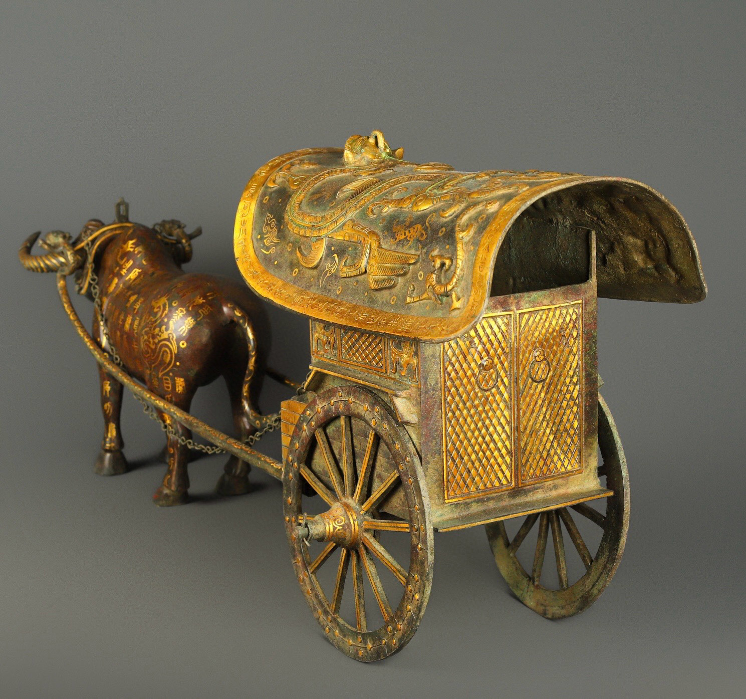 Han Dynasty Bronze and gold ox drawn cart
