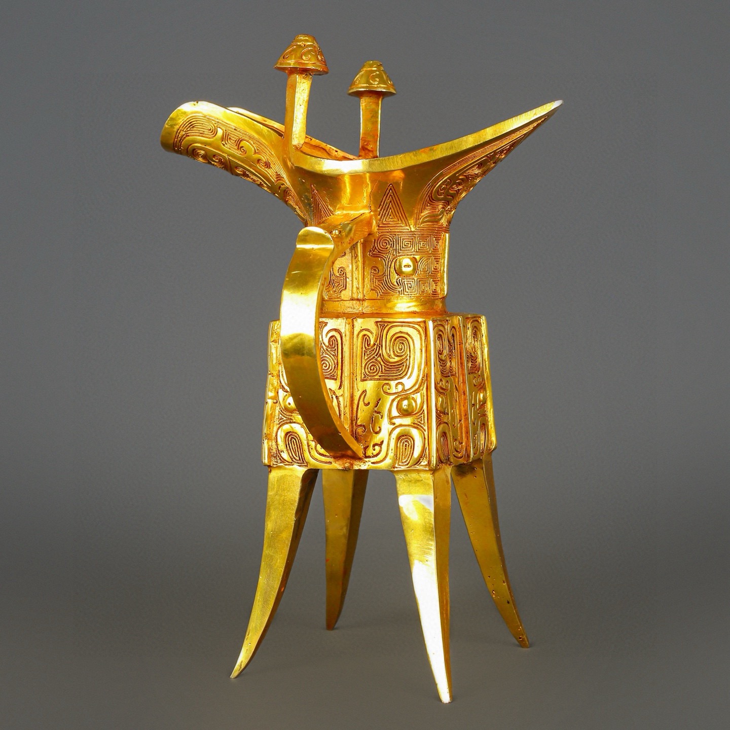 Han Dynasty Bronze and Real Gold Beast Face Square Jue Cup