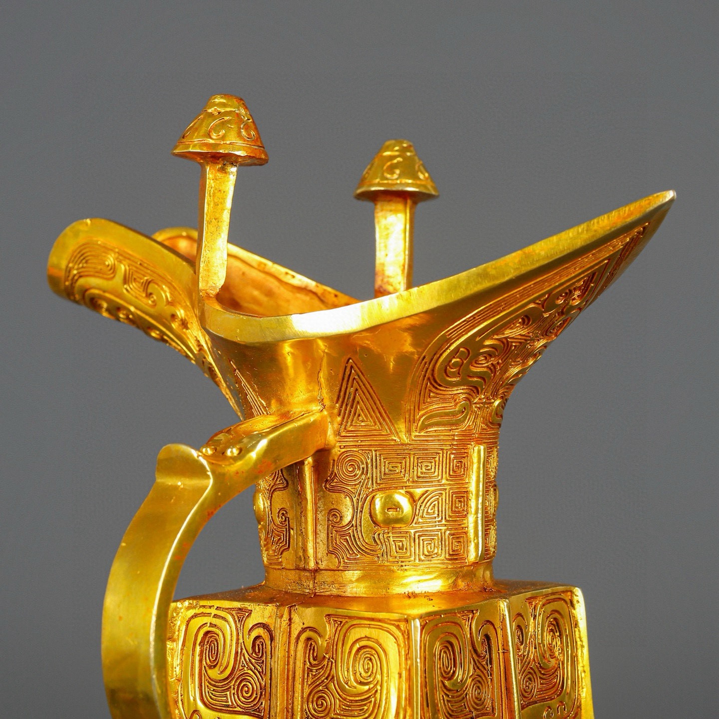 Han Dynasty Bronze and Real Gold Beast Face Square Jue Cup