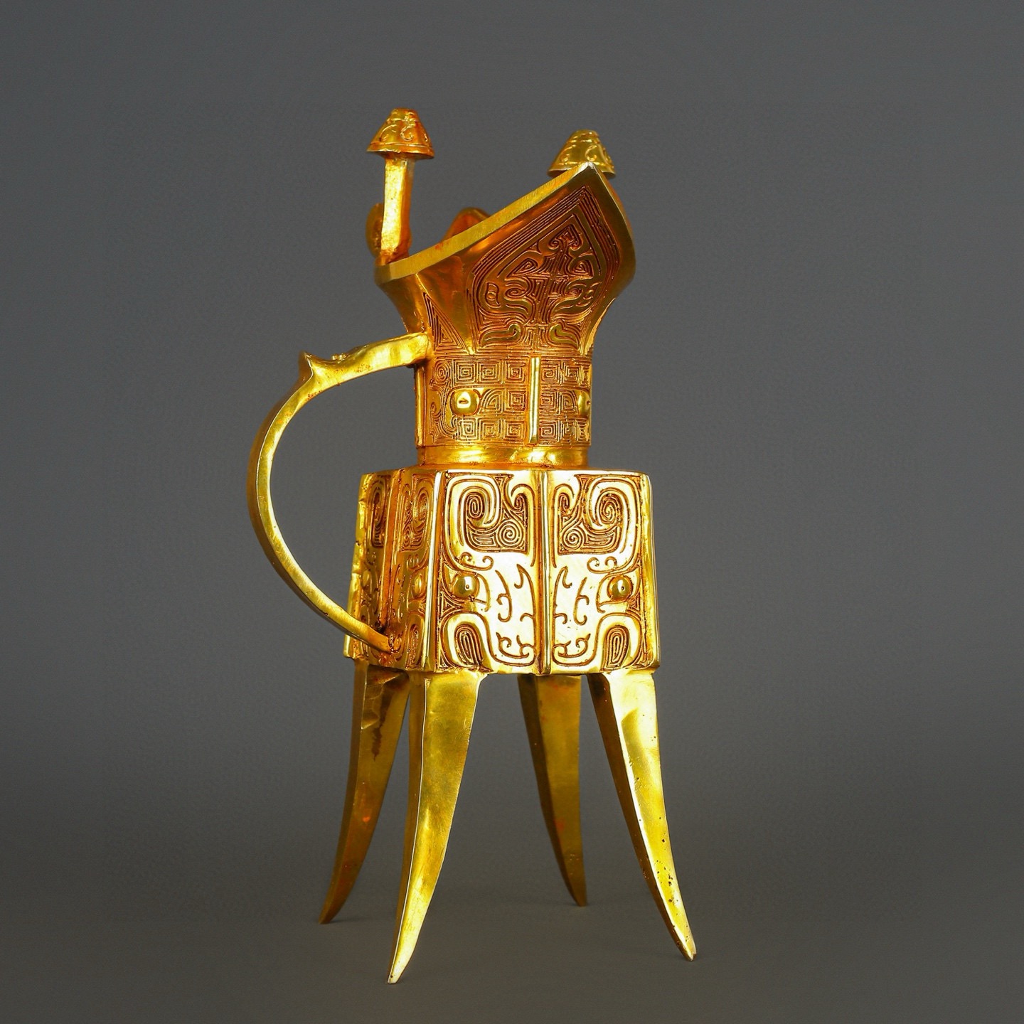 Han Dynasty Bronze and Real Gold Beast Face Square Jue Cup