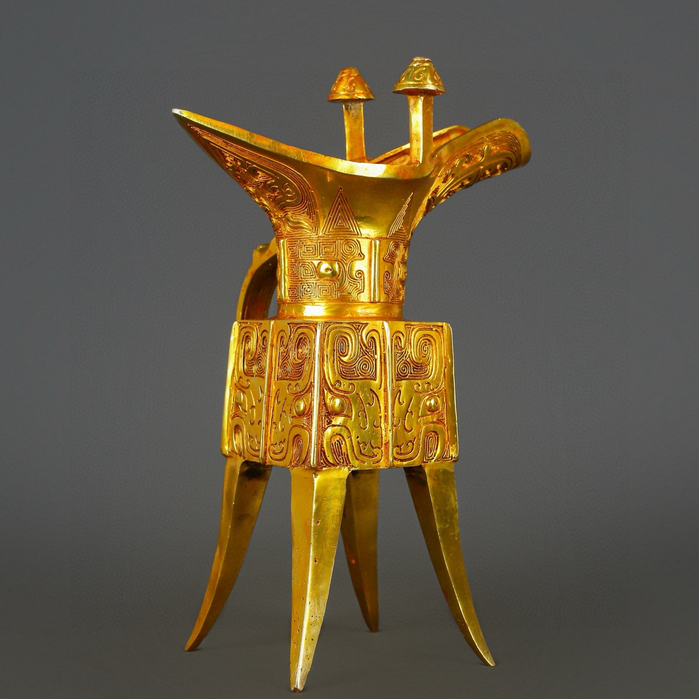 Han Dynasty Bronze and Real Gold Beast Face Square Jue Cup