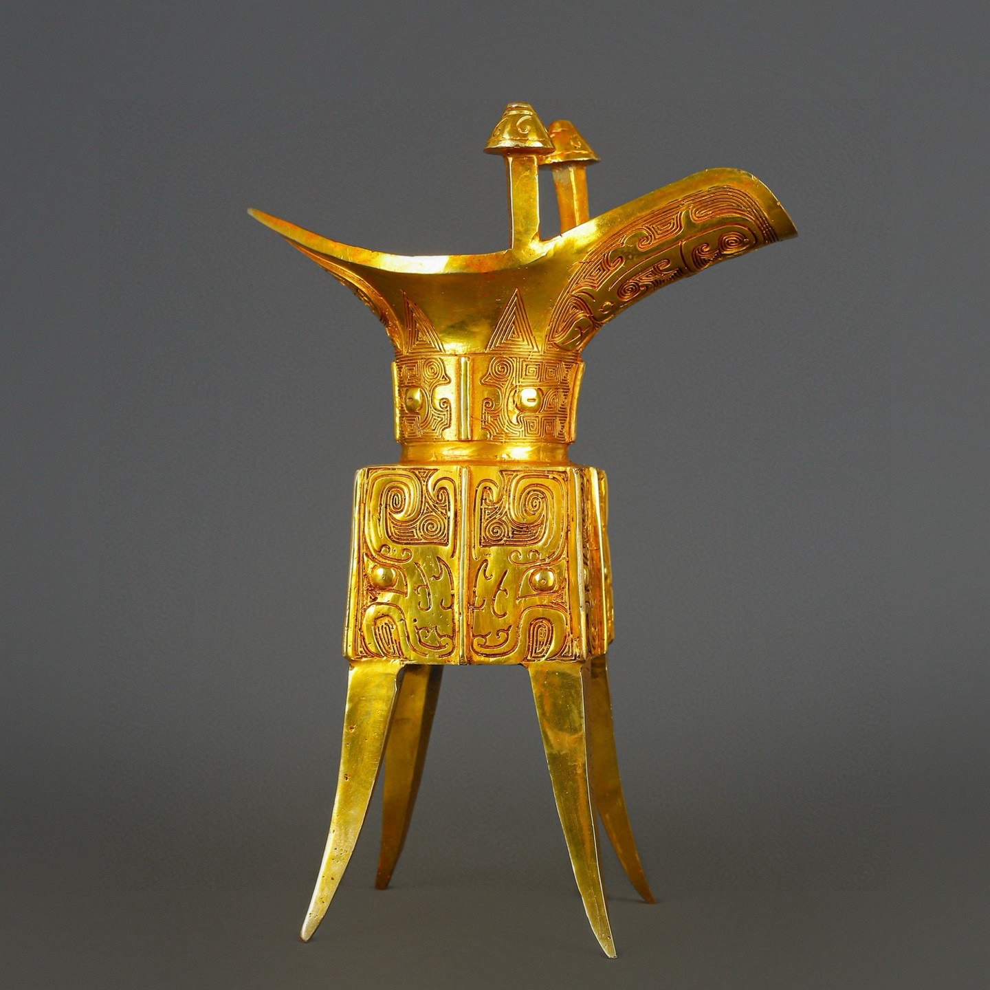 Han Dynasty Bronze and Real Gold Beast Face Square Jue Cup