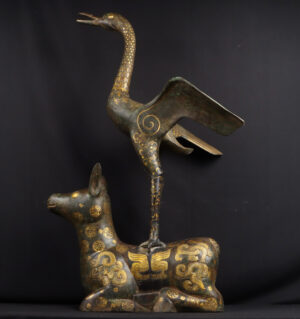 Han Dynasty Bronze and gold deer and crane