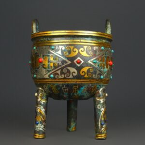Han Dynasty Bronze gold and silver inlaid multi jewel round tripod
