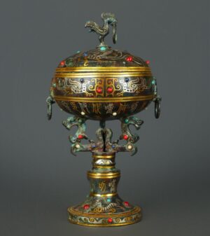 Han Dynasty Bronze staggered gold and silver inlaid turquoise standing bird stove