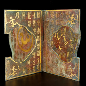 Han Dynasty Bronze folding bookshelf with gold and silver inscriptions