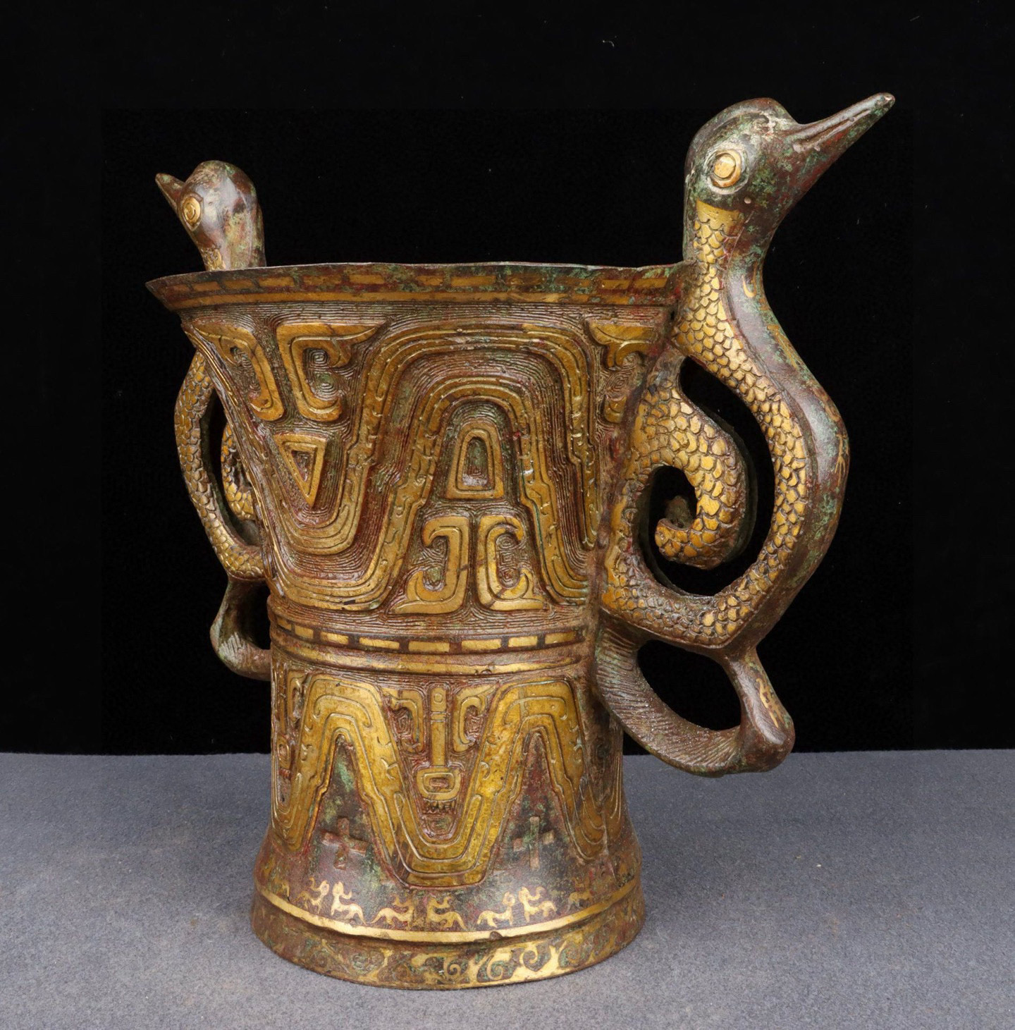 Han Dynasty Bronze and gold double animal ear cup