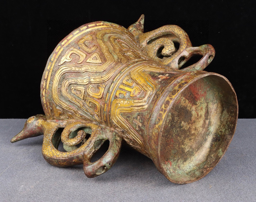 Han Dynasty Bronze and gold double animal ear cup