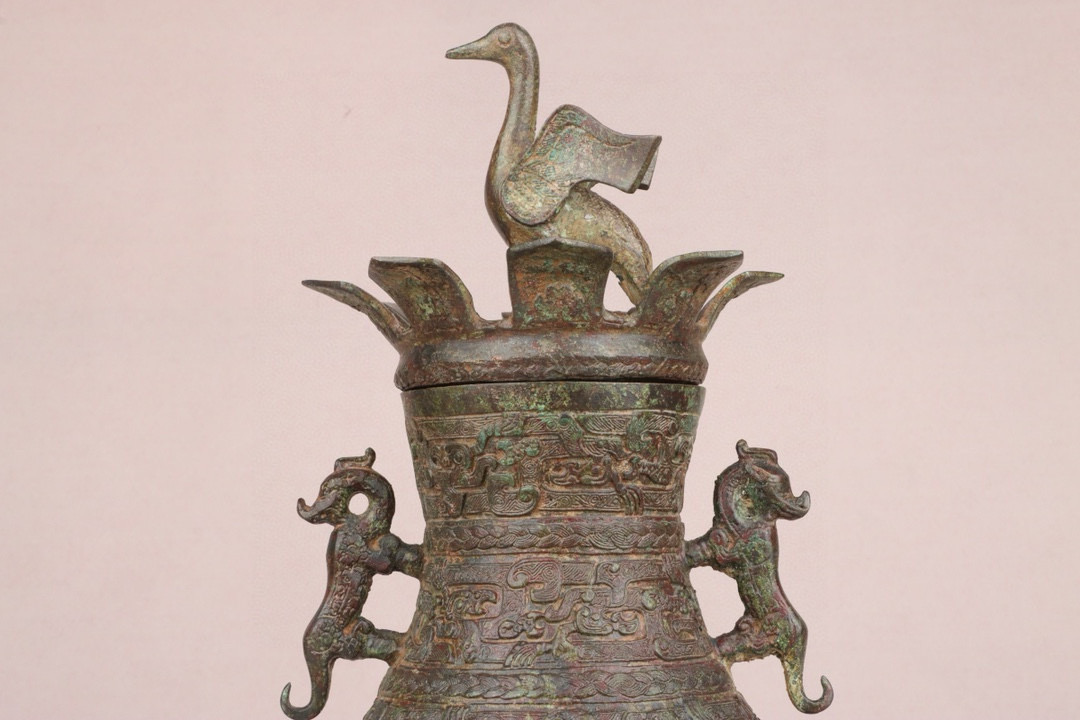 Han Dynasty Bronze Standing Crane and Double Dragon Vase