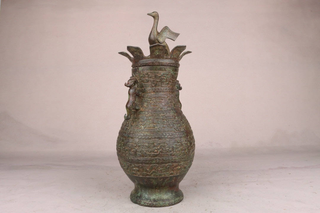 Han Dynasty Bronze Standing Crane and Double Dragon Vase