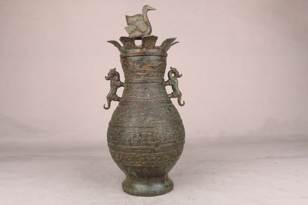 Han Dynasty Bronze Standing Crane and Double Dragon Vase