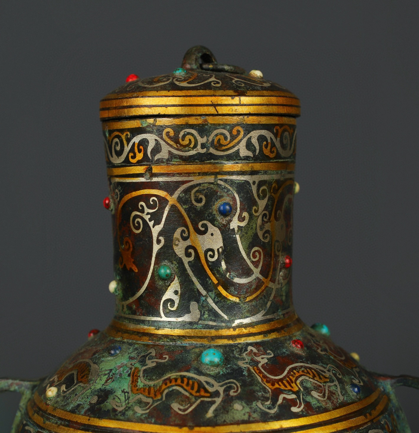 Han Dynasty Bronze gold and silver inlaid turquoise three legged jar
