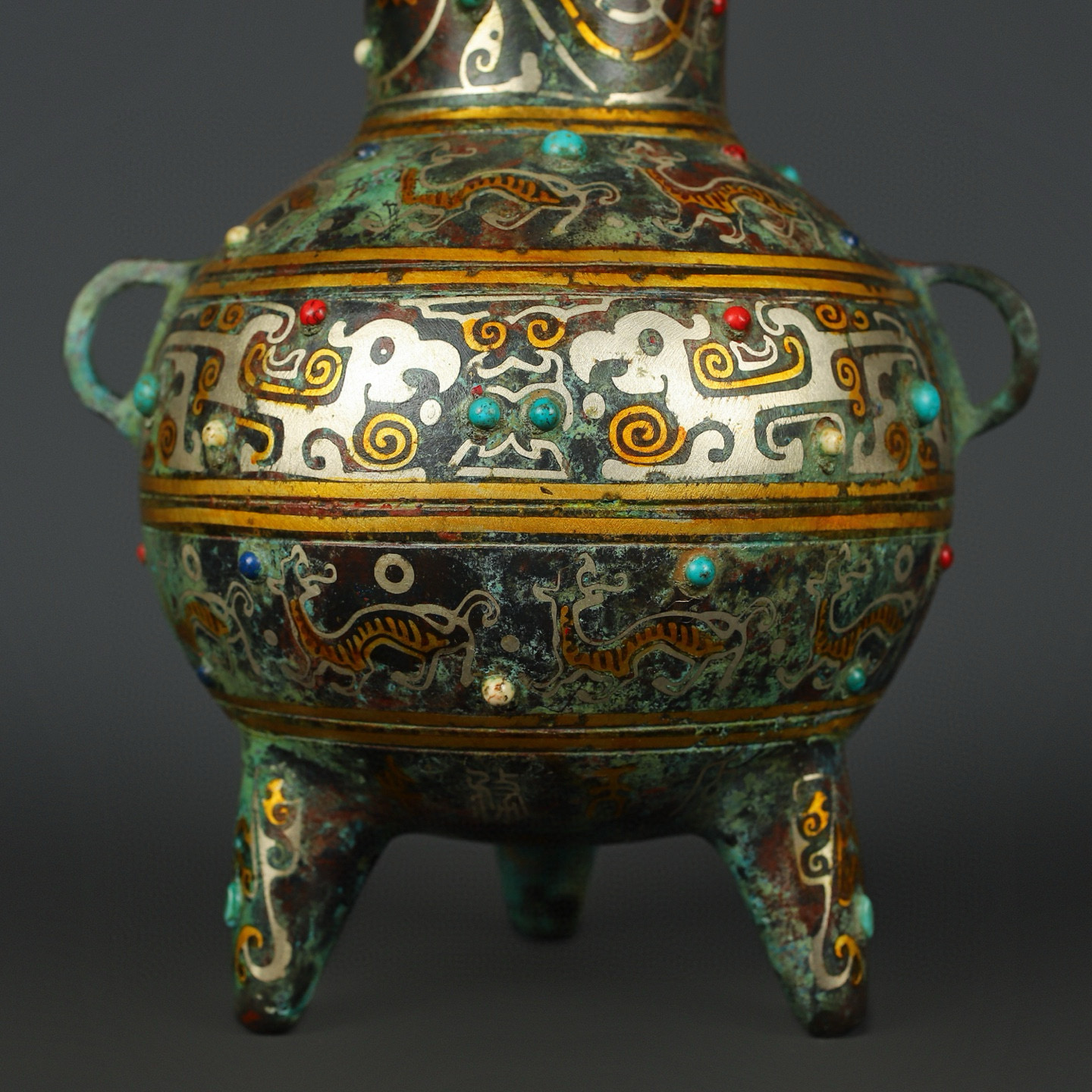 Han Dynasty Bronze gold and silver inlaid turquoise three legged jar