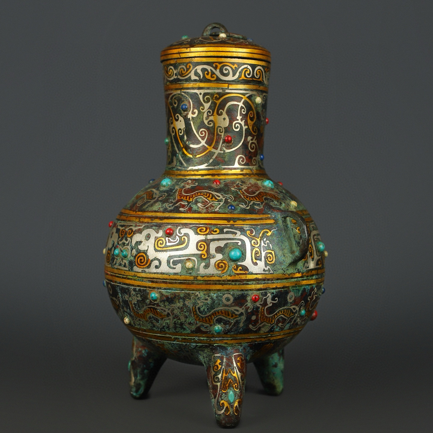 Han Dynasty Bronze gold and silver inlaid turquoise three legged jar