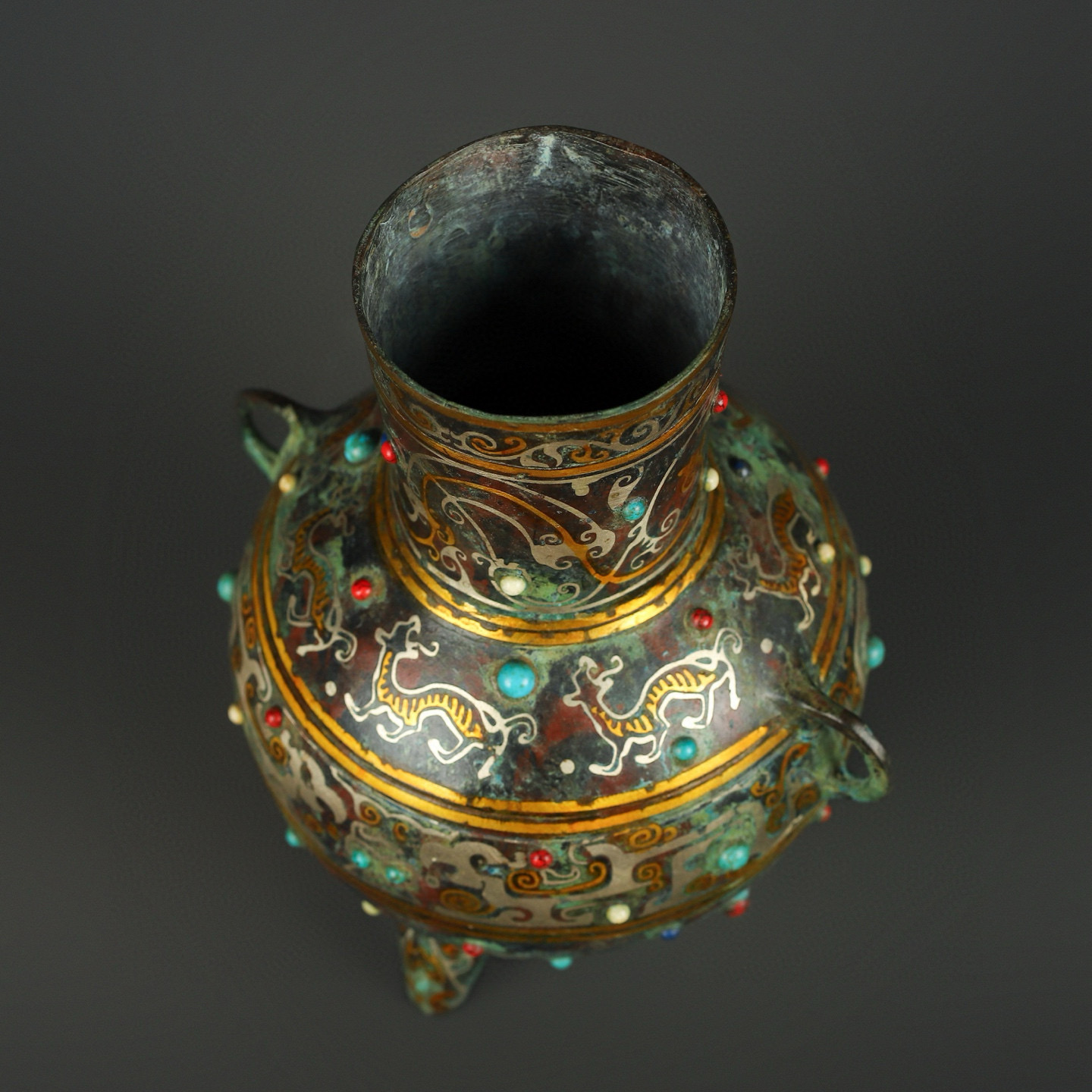 Han Dynasty Bronze gold and silver inlaid turquoise three legged jar
