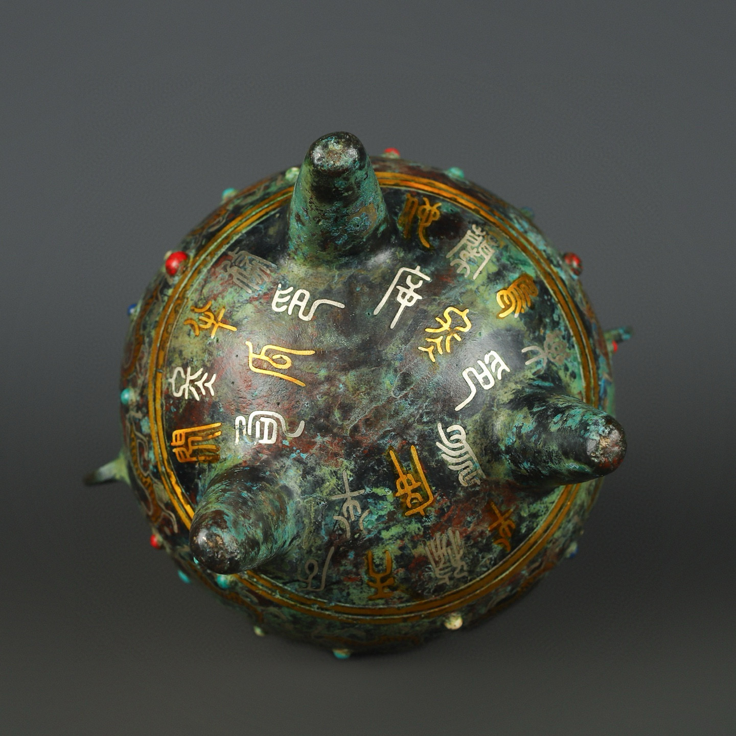 Han Dynasty Bronze gold and silver inlaid turquoise three legged jar