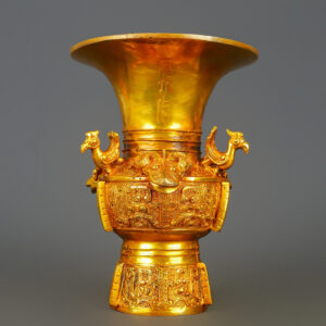Han Dynasty Gilt Bronze Real Gold Three goat Standing Bird Round Zun
