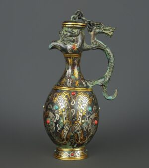 Han Dynasty Bronze gold and silver inlaid turquoise dragon and phoenix teapot