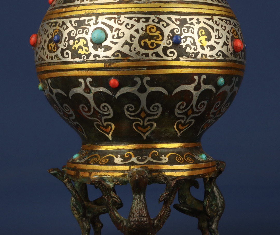 Han Dynasty Bronze gold and silver inlaid multi jewel standing bird vase