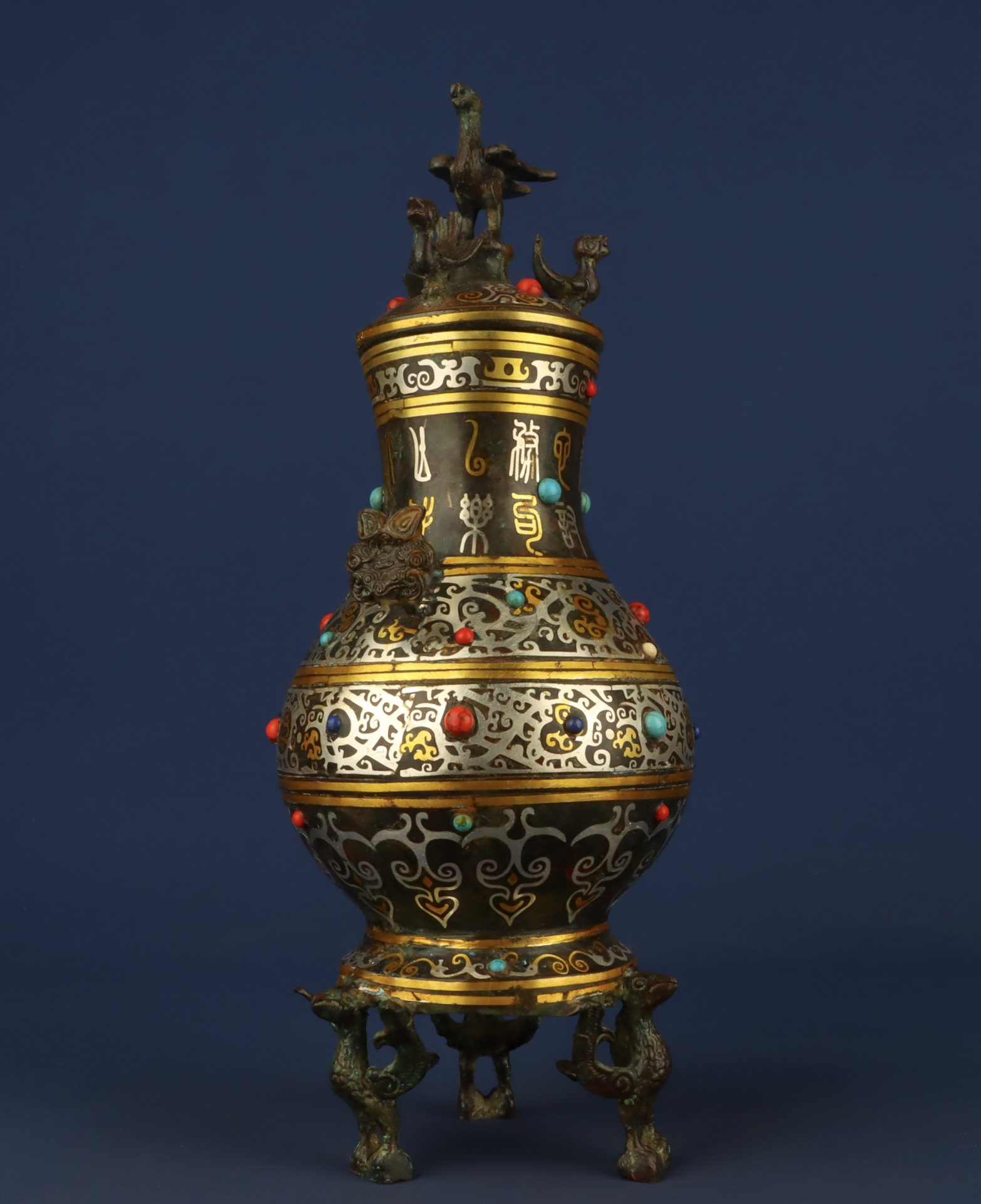 Han Dynasty Bronze gold and silver inlaid multi jewel standing bird vase