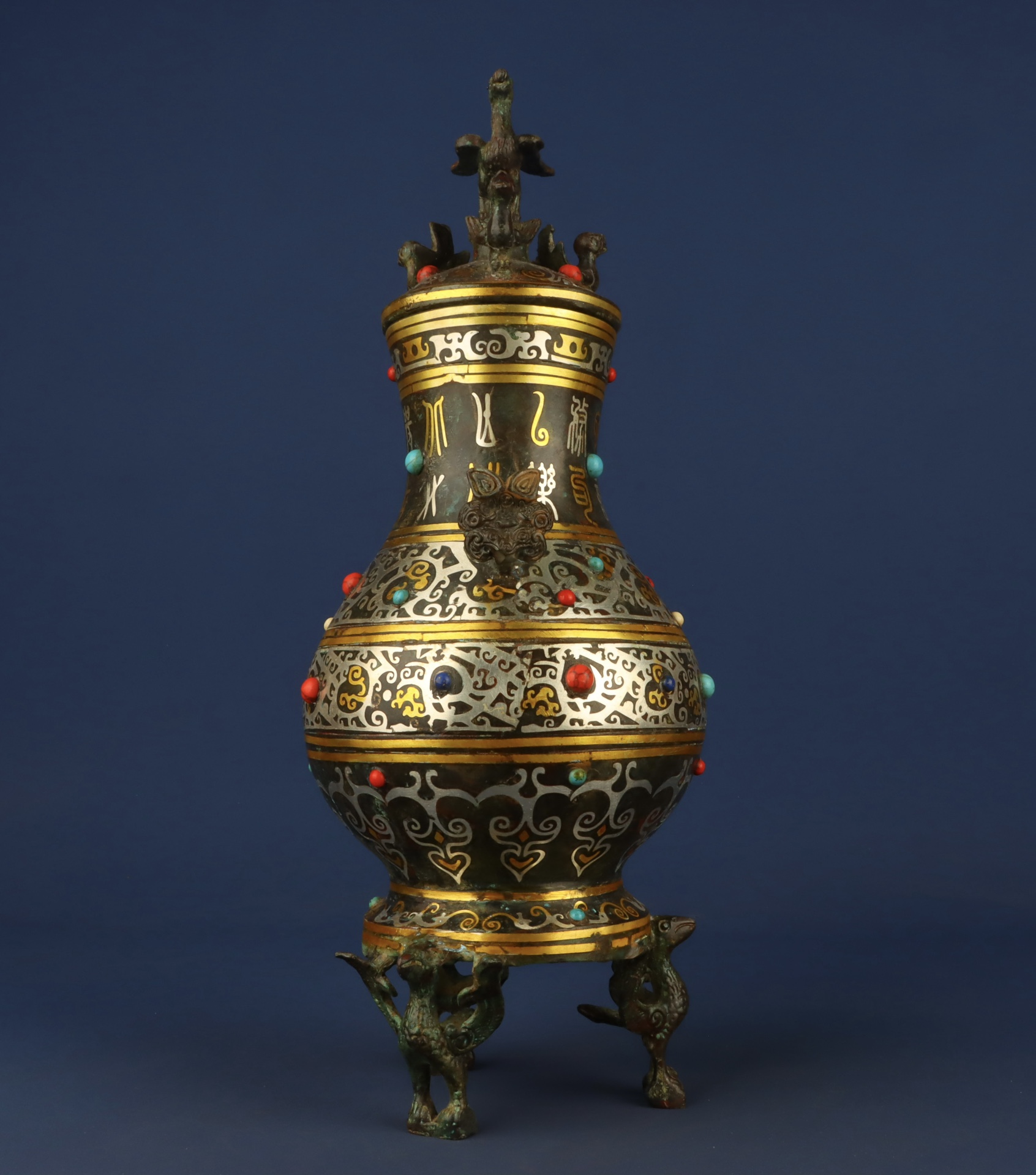Han Dynasty Bronze gold and silver inlaid multi jewel standing bird vase