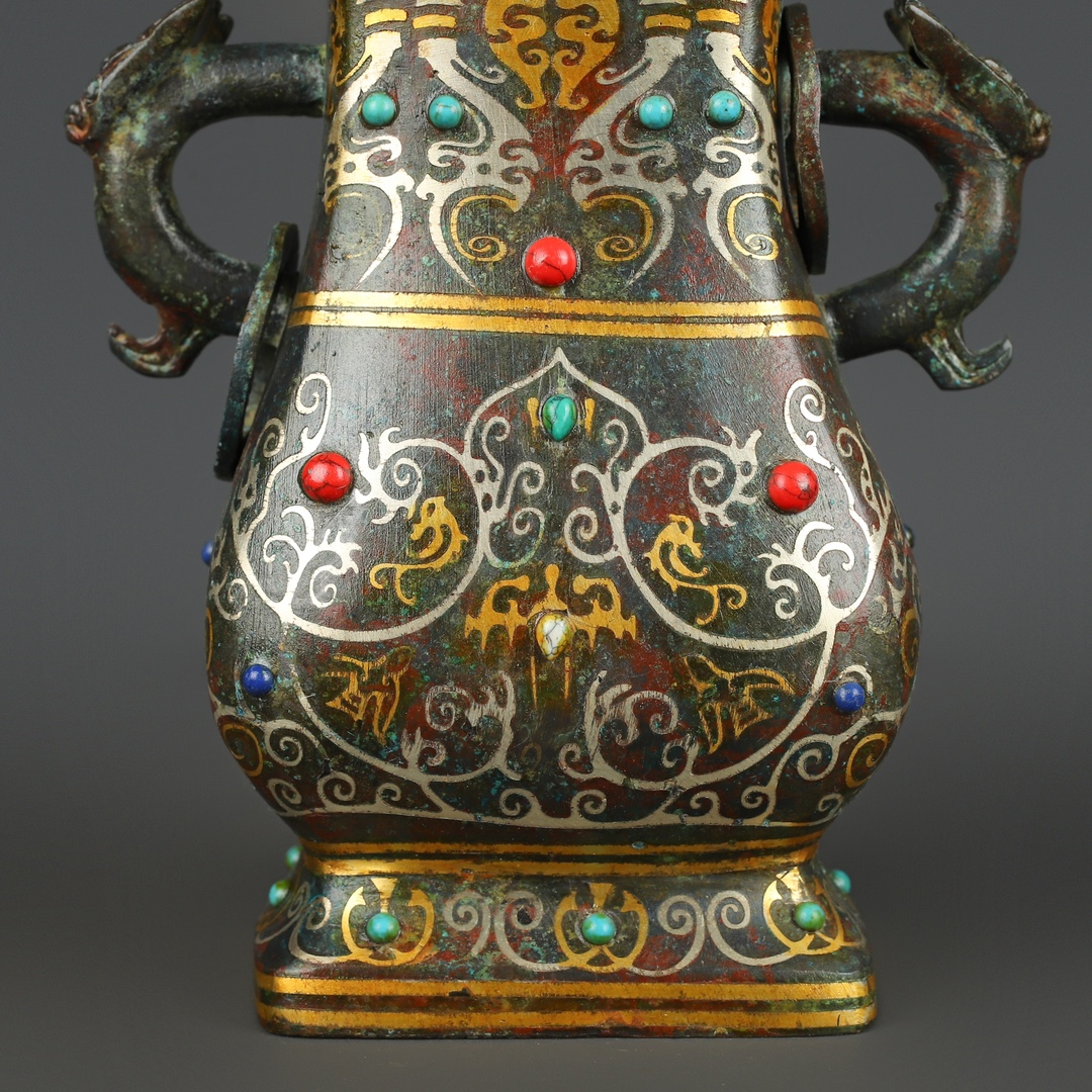 Han Dynasty Bronze gold and silver inlaid multi precious stone square vase
