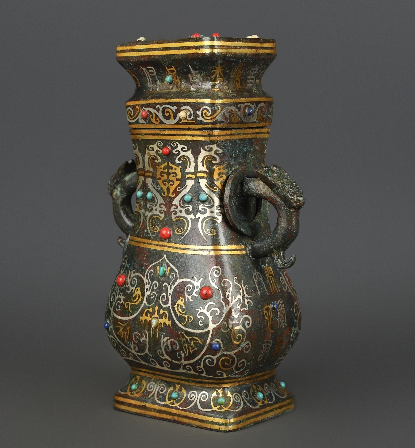 Han Dynasty Bronze gold and silver inlaid multi precious stone square vase