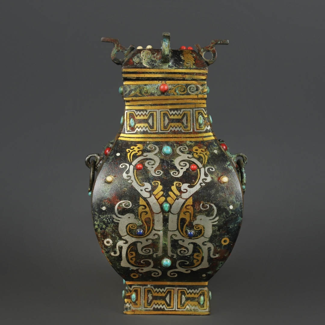 Han Dynasty Bronze gold and silver inlaid multi precious stone square vase