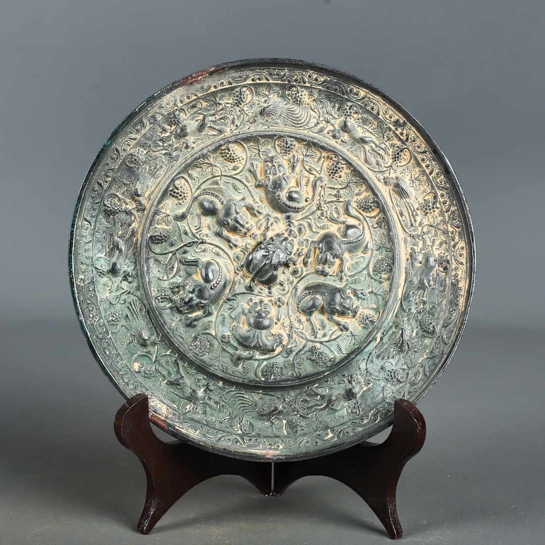 Tang Dynasty Bronze Grape Mirror with Auspicious Beasts