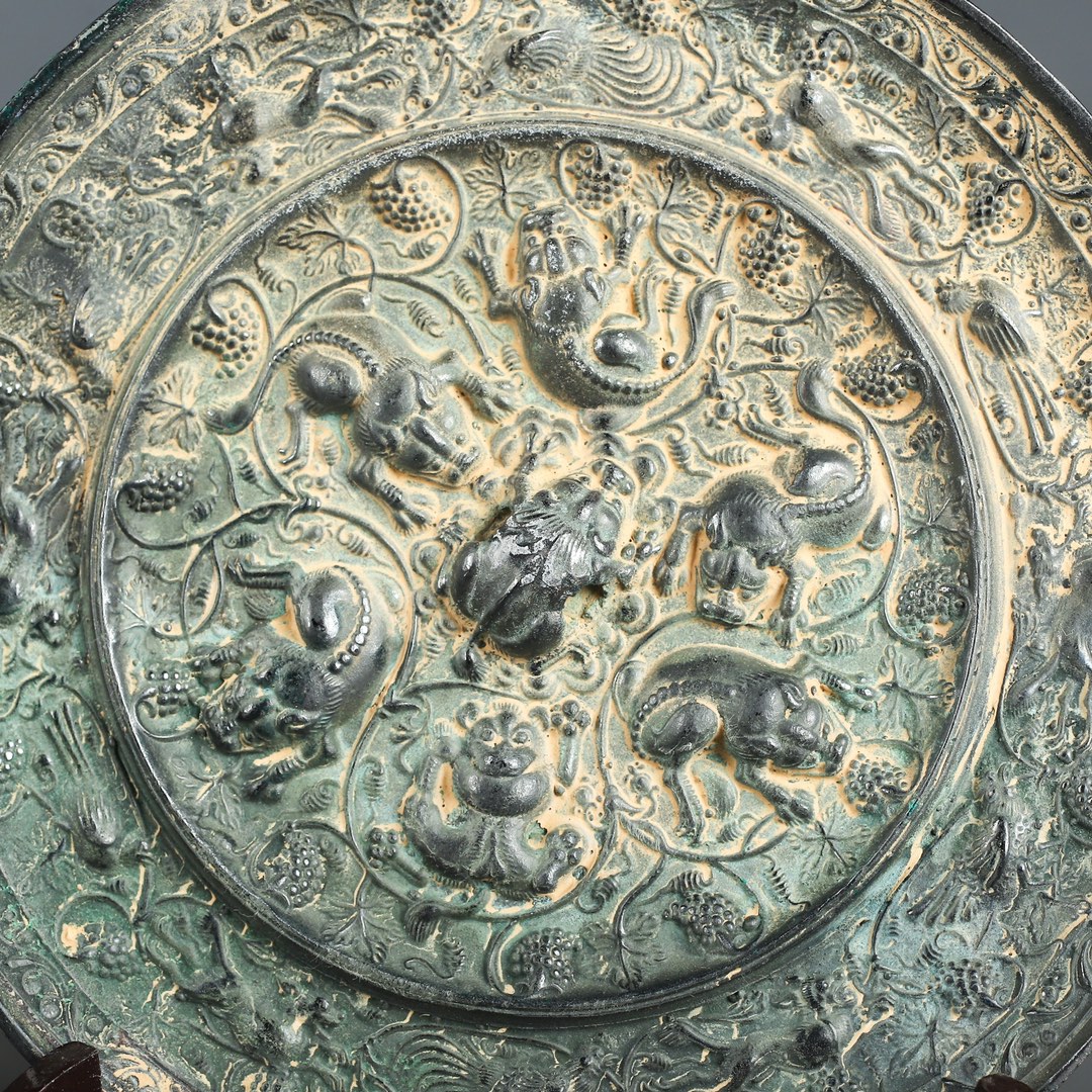 Tang Dynasty Bronze Grape Mirror with Auspicious Beasts