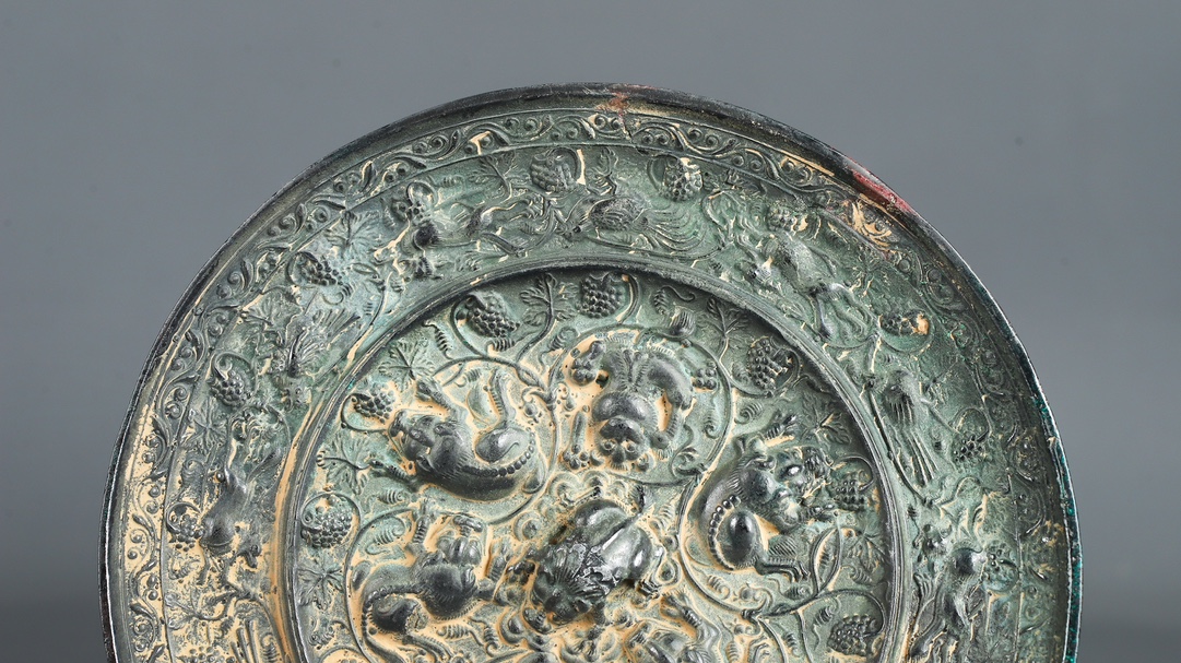 Tang Dynasty Bronze Grape Mirror with Auspicious Beasts
