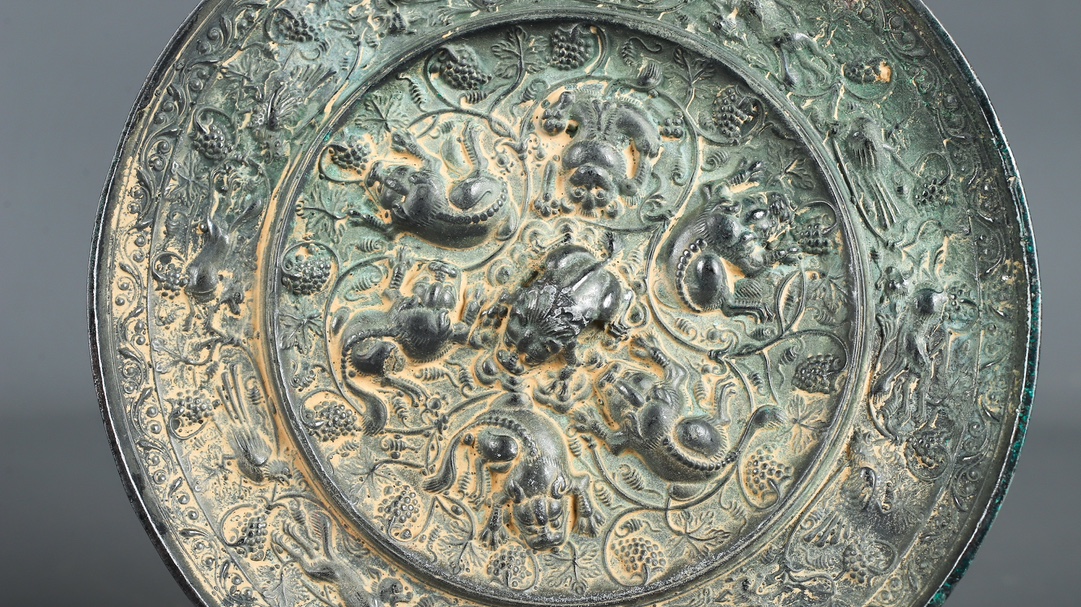 Tang Dynasty Bronze Grape Mirror with Auspicious Beasts