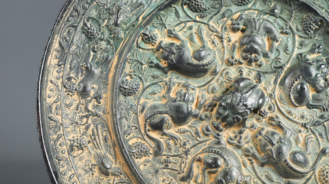 Tang Dynasty Bronze Grape Mirror with Auspicious Beasts