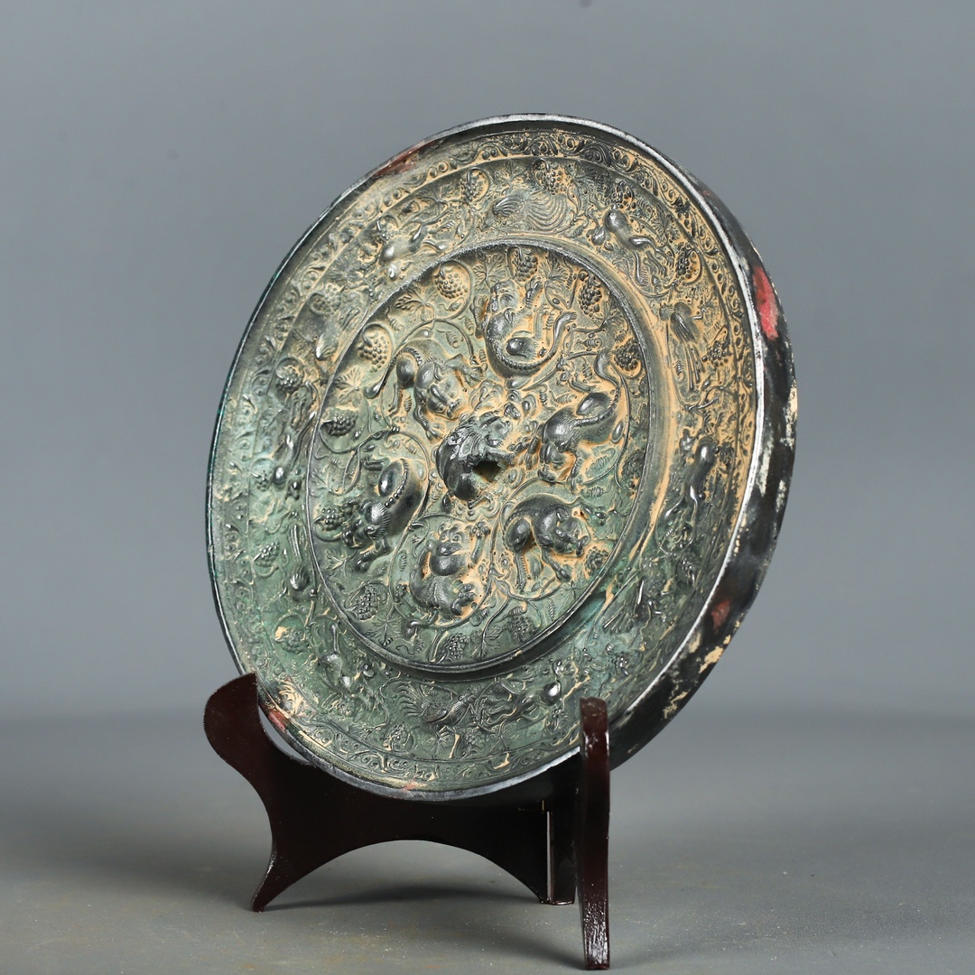 Tang Dynasty Bronze Grape Mirror with Auspicious Beasts