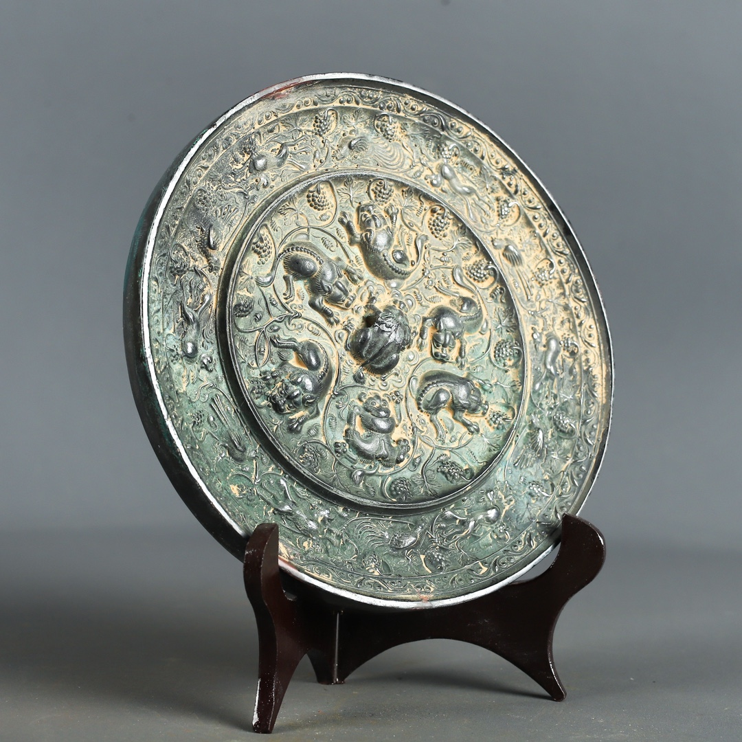 Tang Dynasty Bronze Grape Mirror with Auspicious Beasts