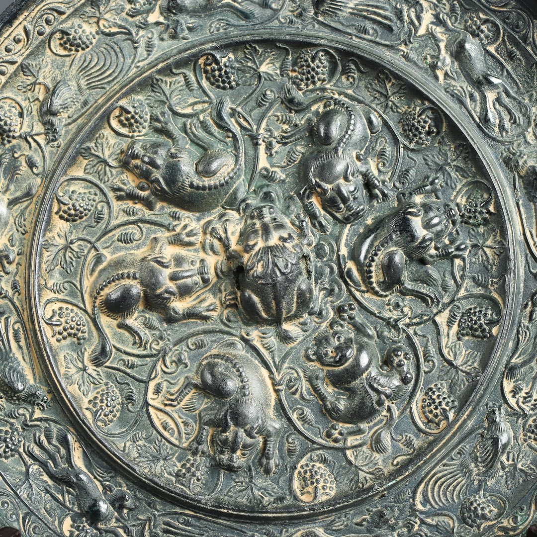 Tang Dynasty Bronze Grape Mirror with Auspicious Beasts