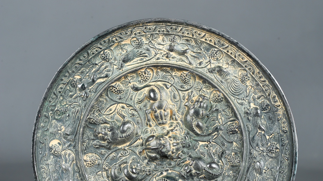 Tang Dynasty Bronze Grape Mirror with Auspicious Beasts