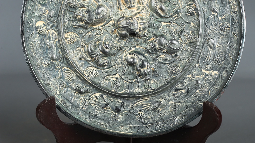 Tang Dynasty Bronze Grape Mirror with Auspicious Beasts
