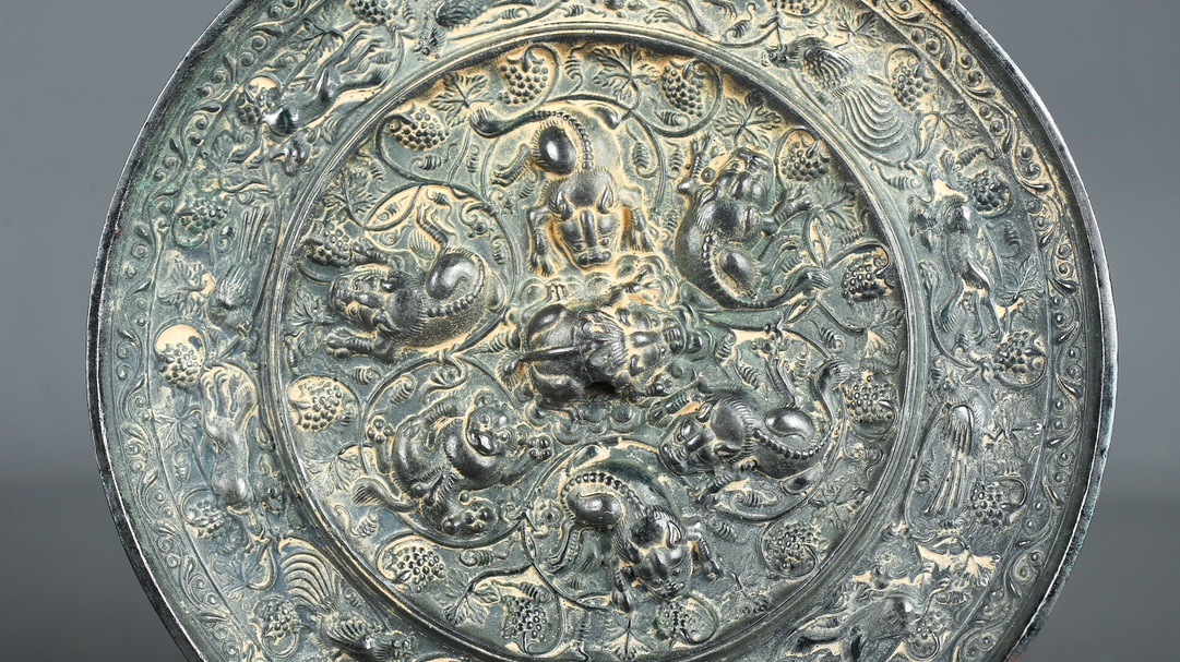 Tang Dynasty Bronze Grape Mirror with Auspicious Beasts