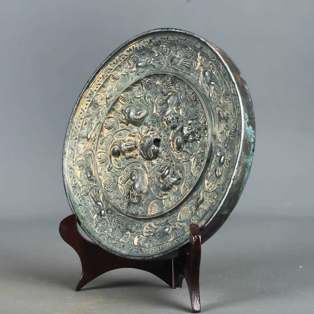 Tang Dynasty Bronze Grape Mirror with Auspicious Beasts
