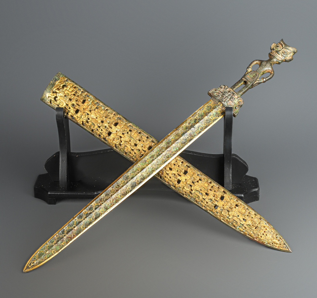 Han Dynasty Bronze three star stacked sword with gold inscriptions